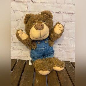 Vintage Brown Teddy Bear with Denim Overalls